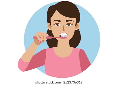 Mulher escovando dentes com escova de dentes .Saúde dentária e higiene conceito fundo branco .Vetor ilustração