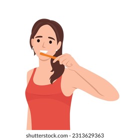 Woman brushing teeth with toothbrush.Dental health and hygiene concept. Flat vector illustration isolated on white background