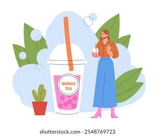 Mujer con té de burbuja. Muchacha joven cerca de la taza plástica con la bebida caliente sabrosa. Menú de cafetería o restaurante. Bebida japonesa y china para el verano. Ilustración vectorial plana aislada sobre fondo blanco