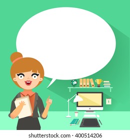 Woman and bubble for your text. Worker in office. Smart blonde woman giving advice, office work place with computer on background. Vector colorful illustration in flat style  