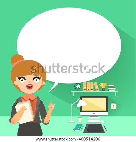 Woman and bubble for your text. Worker in office. Smart blonde woman giving advice, office work place with computer on background. Vector colorful illustration in flat style  