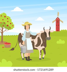 Woman with Bucket Standing Next to Spotted Cow, Female Farmer Working at Farm, Summer Rural Landscape Vector illustration