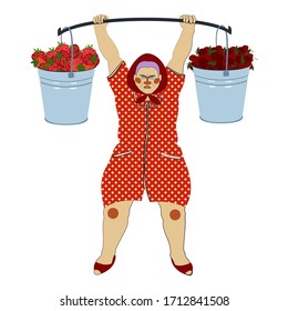 Woman with buckets of strawberries and cherries