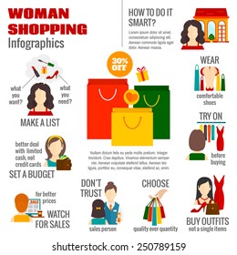 Woman budget shopping list planning infographic poster with smart choosing quality sale strategy options abstract vector illustration