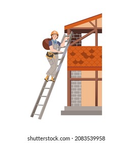 Woman Builder Character Climbing Up the Ladder to House Roof Top Vector Illustration