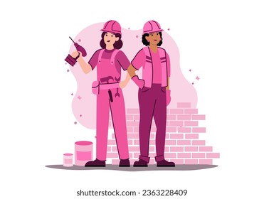 Woman builder concept with people scene in the flat cartoon design. A team of girls master the construction business and become excellent workers on the construction site. Vector illustration.