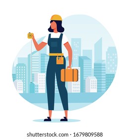 Woman Builder, Contractor Flat Vector Illustration. Female Handyman, Repairman Cartoon Character. Young Woman in Overalls and Hard Hat holding Measuring Tape. Building Business, Construction Industry