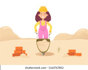 A woman builder is driving a wheelbarrow full of sand. Cartoon character, flat composition, isolated on  background of sand and brick. Female labor, gender equality.