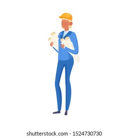Woman builder holding rolled documents in hands vector illustration