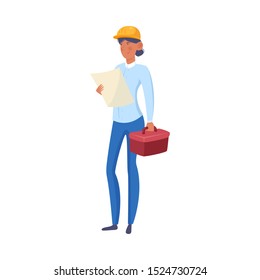 Woman builder holding tools and document in hands vector illustration