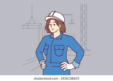 Woman builder stands on construction site near multi-story buildings and tower cranes lifting concrete slabs. Confident girl builder in hardhat on head, keeps hands on belt and looks at screen