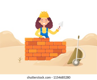 A woman builder with a trowel in her hand builds a brick wall. Against the backdrop of a drift of sand and an inverted wheelbarrow. Housing construction. Flat composition, isolated on white background