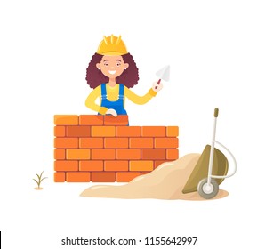 A woman builder with a trowel in her hand builds a brick wall. Against a wheelbarrow with scattered sand. Flat composition, isolated on white background