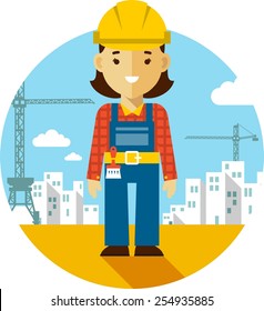 Woman  builder worker on on construction background with buildings and tower cranes