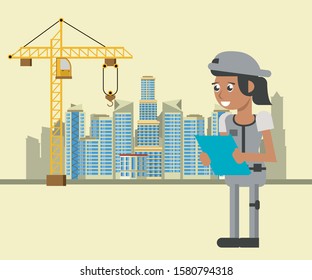 woman builder working under construction scene vector illustration design