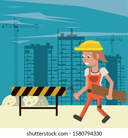 woman builder working under construction scene vector illustration design