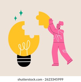 Woman building brilliant idea light bulb puzzles. Colorful vector illustration