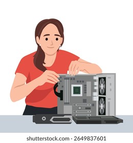 Woman Building a Desktop Computer. Flat vector illustration isolated on white background