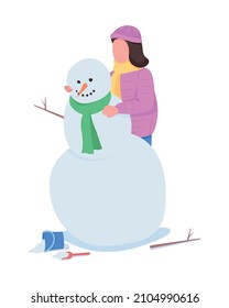 Woman building snowman semi flat color vector character. Standing figure. Full body person on white. Winter activity isolated modern cartoon style illustration for graphic design and animation