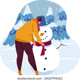 Woman building a snowman in a winter landscape with snowy trees. Female in winter clothes decorating a snowman. Winter activities and festive season vector illustration.