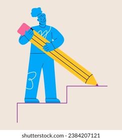 Woman building staircase to progress ascending. Development strategy concept. Colorful vector illustration
