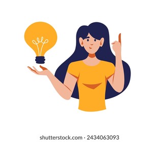 Mujer con icono de bombilla. Ilustración vectorial de estilo plano. Educación, estudio, decisión, idea, solución, visión, concepto de inspiración.