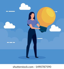 woman with bulb idea and clouds over blue background