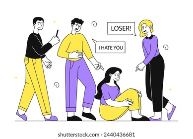 Woman with bullying linear. Men and girl insult schoolgirl or student. Depression, frustration and loneliness. People with loser and i hate you inscriptions. Doodle flat vector illustration