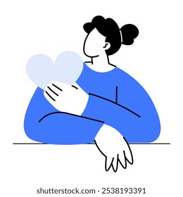 Una mujer con un peinado de moño en un suéter azul que sostiene una forma de corazón cerca de su pecho. Ideal para conceptos de cuidado, afecto, empatía, Asistencia emocional y amabilidad. Día de San Valentín