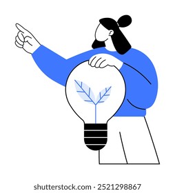 A woman with a bun hairstyle holds a lightbulb with a plant inside and points forward. Ideal for innovation, creativity, eco-friendly concepts, brainstorming, sustainable ideas. Minimalist vector