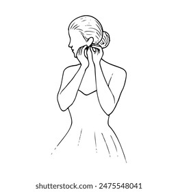 woman with a bun on her head, bustier dress, puts on earring in her ear - hand drawn doodle illustration of a bride before her wedding