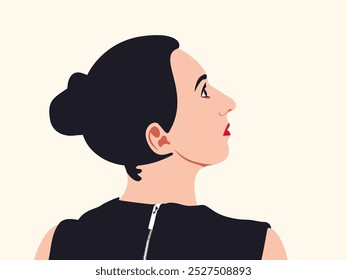 Woman with a bun seen from behind with her profile looking up