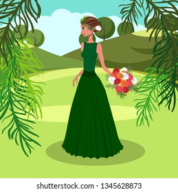 Woman with Bunch of Asters Vector Illustration. Young Girl holding Bouquet of Spring Flowers Flat Drawing. Female Cartoon Character in Flower Wreath. Fashion Model. Lady in Evening Gown in Garden
