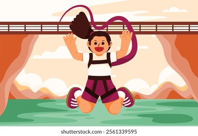 Woman bungee jumping off a Bridge, capturing the thrill and excitement of extreme outdoor adventure sports, Vector, Illustration