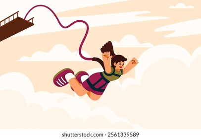 Woman bungee jumping off a cliff, capturing the thrill and excitement of extreme outdoor adventure sports, Vector, Illustration