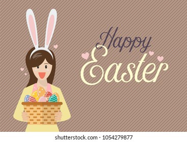 Woman with bunny ears mask holding easter eggs in basket. Flat style design