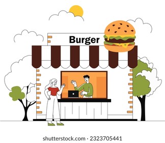 Woman in burger restaurant line concept. Young girl buys fast food in cafe or restaurant, catering. Cashier give hamburger to client. Urban infrastructure. Linear flat vector illustration
