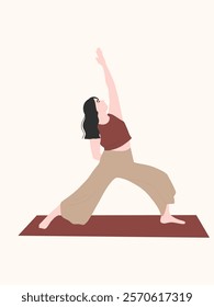 Woman in Burgundy Yoga Top and Beige Pants Stretching on a Yoga Mat : A curly-haired woman wearing an active wear performs a graceful stretch on a yoga mat, reaching one hand toward the sky. 