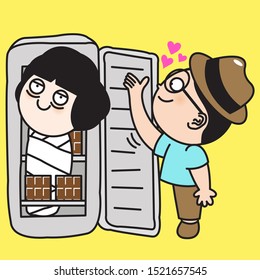 Woman In Burial Shroud Was Kept In A Well Stocked Of Chocolate Bars In The Fringe By Her Lover Boy. Concept Of Sweettooth People Card Character illustration