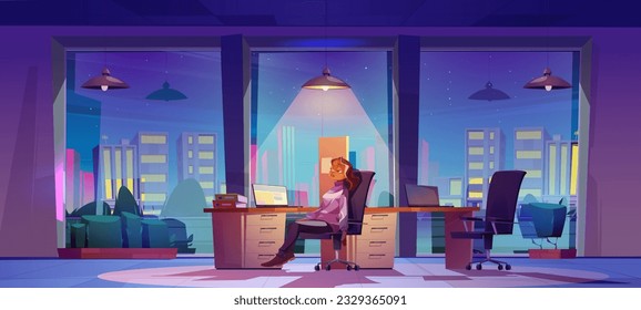 La mujer se quema y se cansa en el fondo vectorial de la sala de trabajo de oficina. Empresa de oficina de negocios abre el espacio interior con un agotado gestor de empleados sentados cerca de una ventana de vidrio con ilustración de vista de ciudad.