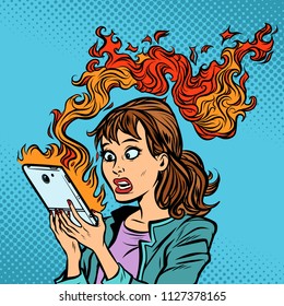 Woman with a burning phone. Hot news. Ignition of the battery. Comic cartoon pop art retro vector illustration drawing