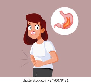 
Mujer con dolor de estómago ardiente Ilustración vectorial de la sensación. Persona infeliz sintiendo fuego como dolor de estómago
