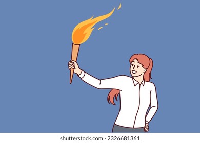 Woman with burning torch lights way in dark for concept of finding solution in difficult situation. Successful businesswoman leader boldly looking for solution to increase company income