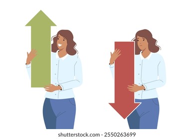 Uma analista de negócios feminina segura setas para cima e para baixo, demonstrando crescimento ou queda do rendimento da empresa. Analista ou contadora de meninas prevê aumentos e diminuições nos salários devido à volatilidade do mercado