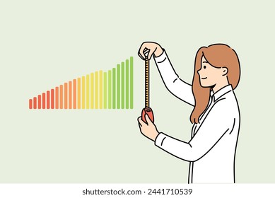 Woman business analyst measures financial chart to understand trends in company income level. Girl economic analyst in formal clothes predicts beginning of increase in savings or earnings