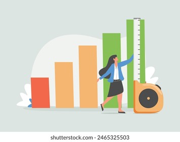 Woman business analyst measures financial chart to understand trends in company income level. Girl economic analyst in formal clothes predicts beginning of increase in savings or earnings