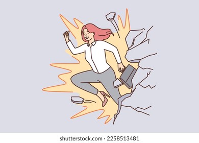 Woman in business attire breaks through concrete wall and goes ahead to achieve career and corporate goals. Purposeful strong girl, ignoring obstacles, moves towards achieving business goals