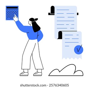 Woman in business attire interacts with calculator. Large receipt with check marks. Cloud symbol indicating data storage. Ideal for finance, accounting, budgeting, data management, cloud computing