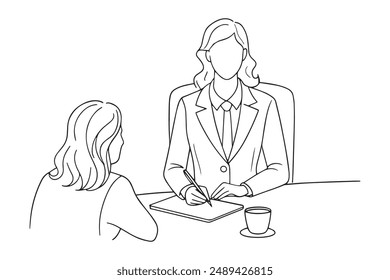 woman in business attire sitting across from an interviewer at a job interview continuous line art vector illustration