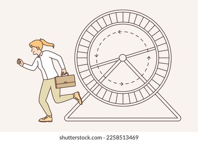 Woman with business briefcase runs near hamster wheel wanting to reach career goal. Metaphor for meaningless and unsuccessful actions on way to achieving goal in business or work in corporate segment